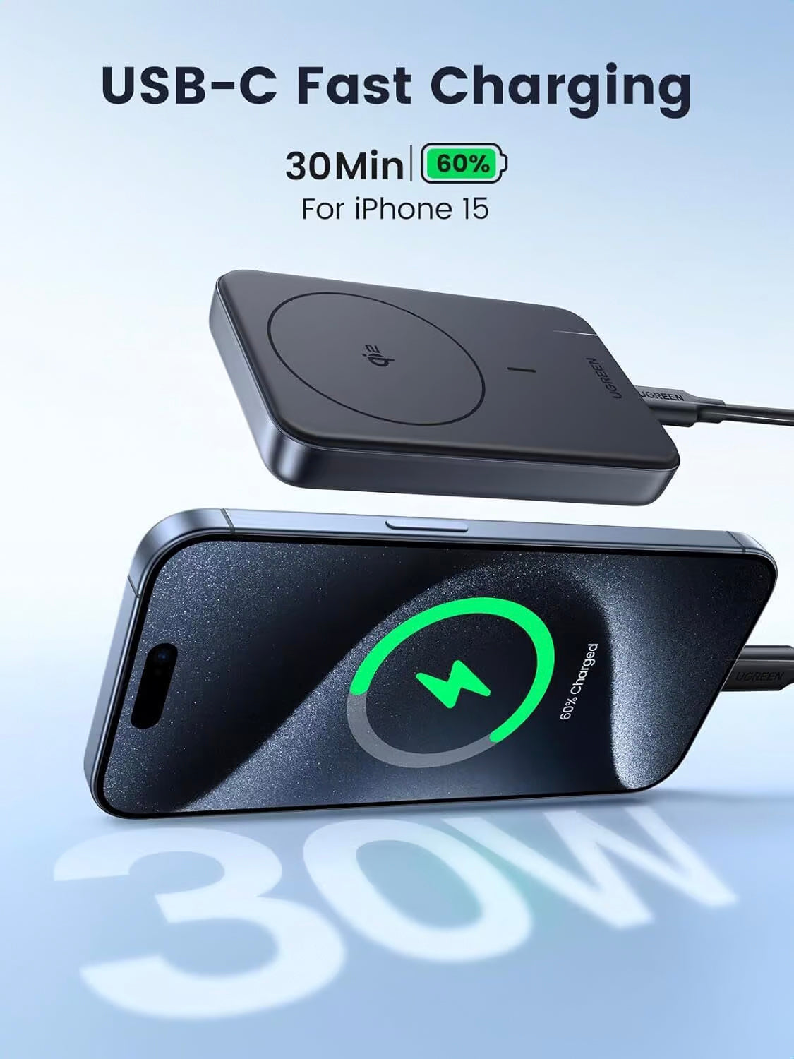 Externá batéria UGREEN PB761, 10000mAh, 30W, PD + FQI, 1 x QI - 1 x USB-C, Sivá