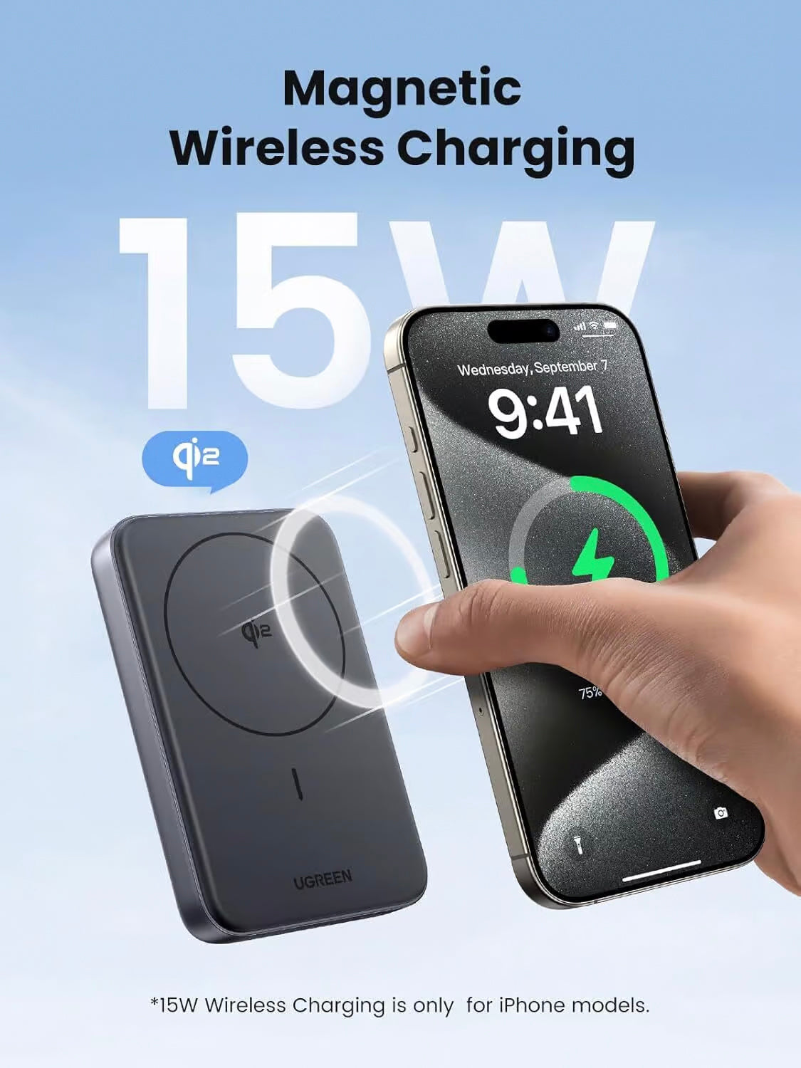 Externá batéria UGREEN PB761, 10000mAh, 30W, PD + FQI, 1 x QI - 1 x USB-C, Sivá