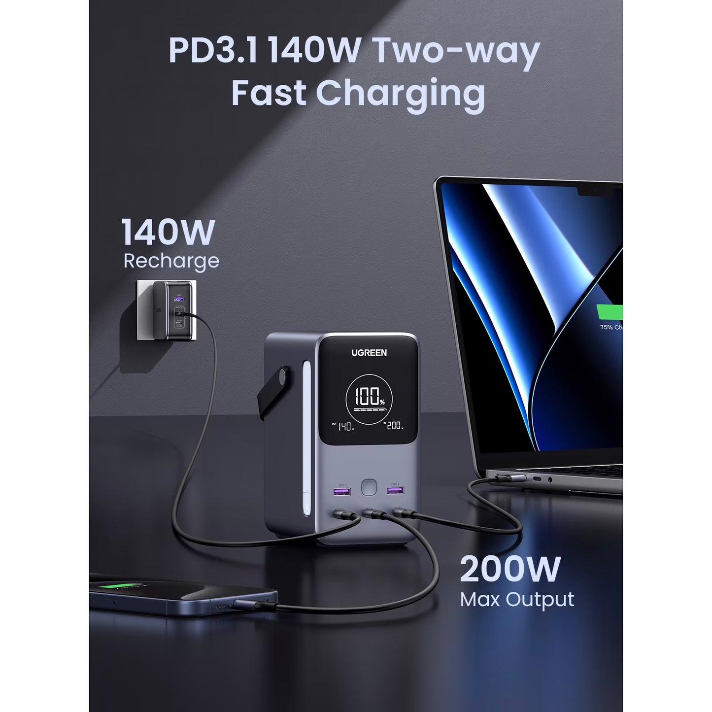Externá batéria UGREEN PB770, 48000mAh, 300W, QC + PD, 2 x USB-A - 3 x USB-C, Sivá