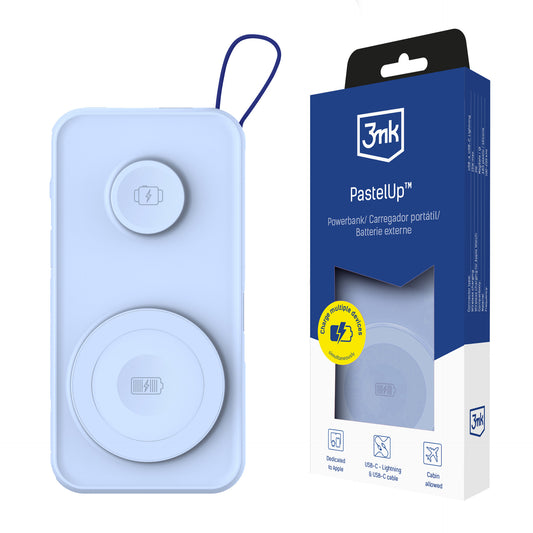 3MK PastelUp Bezdrôtová externá batéria, 10000 mAh, 22,5 W, QC + PD + FQI, 1 x USB-A - 1 x USB-C - 2 x QI, modrá