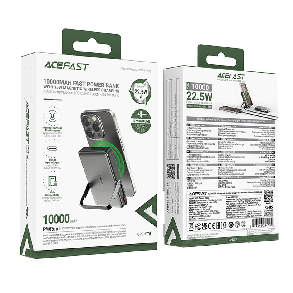 Bezdrôtová externá batéria Acefast M17, 10000mAh, 22.5W, PD + FQI, 1 x QI - 1 x USB-C, čierna
