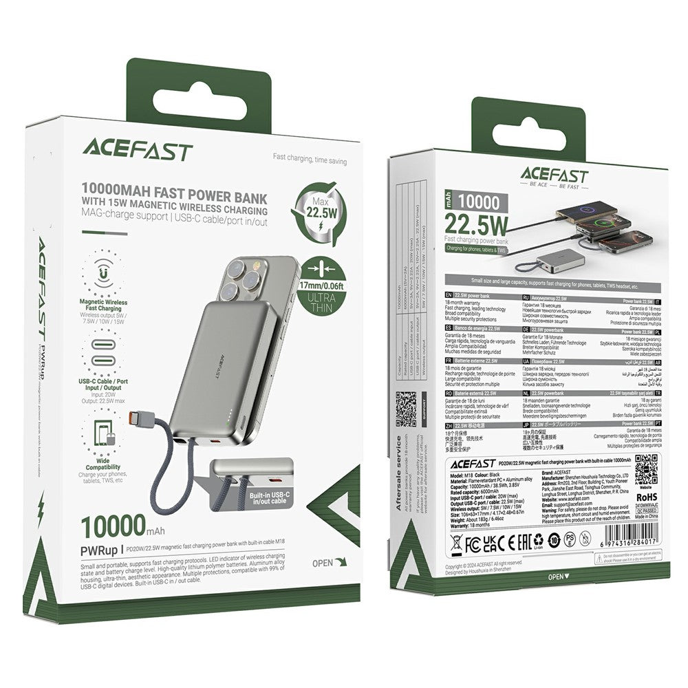 Bezdrôtová externá batéria Acefast M18, 10000mAh, 22.5W, PD + FQI, 1 x QI - 2 x USB-C, Čierna