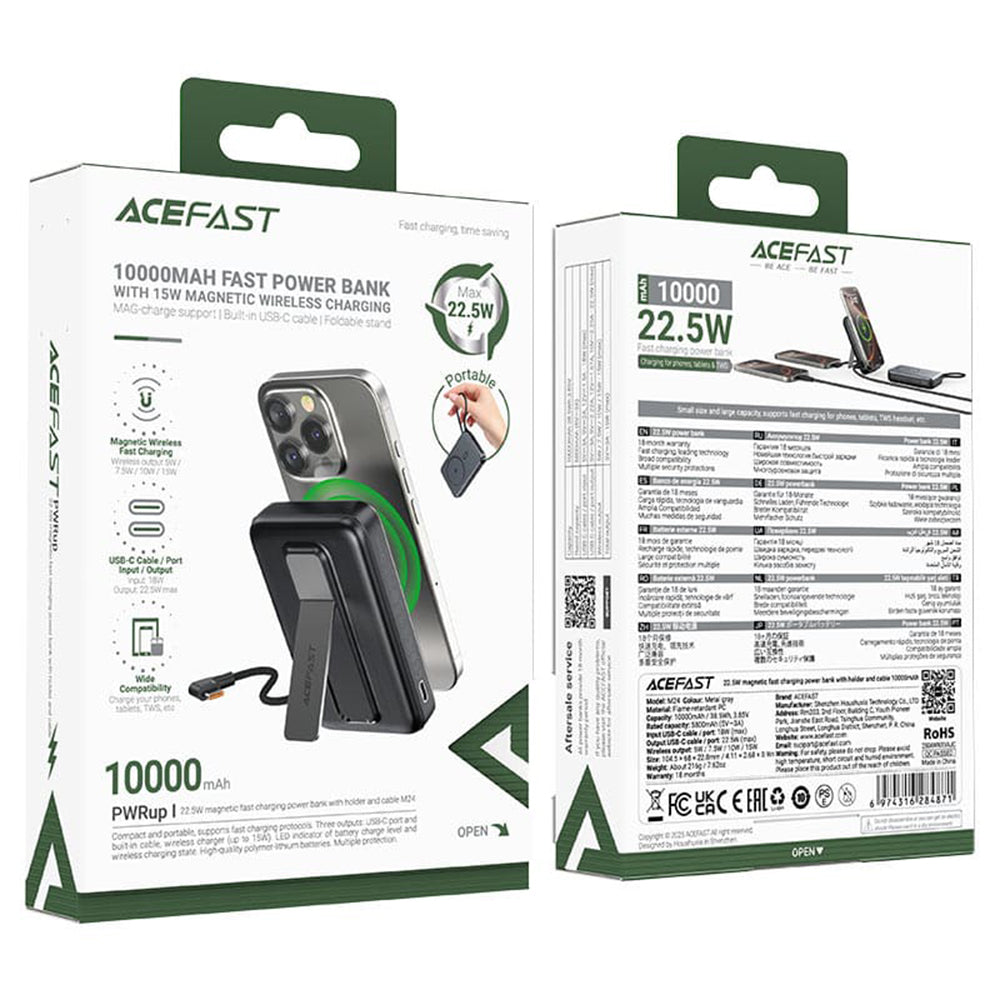 Externá bezdrôtová batéria Acefast M24, 10000mAh, 22.5W, PD + FQI, 1 x QI - 2 x USB-C, Sivá