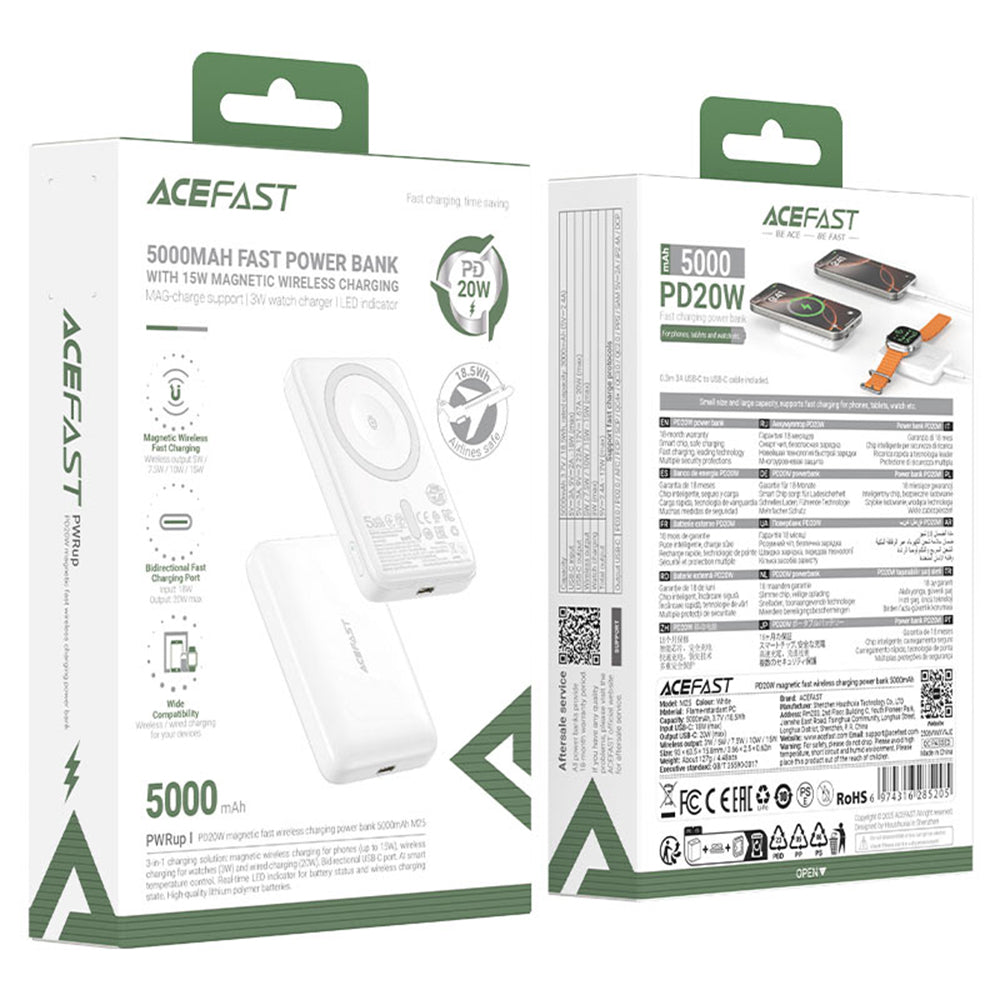 Externá bezdrôtová batéria Acefast M25, 5000mAh, 20W, PD + FQI, 1 x QI - 1 x USB-C, Biela