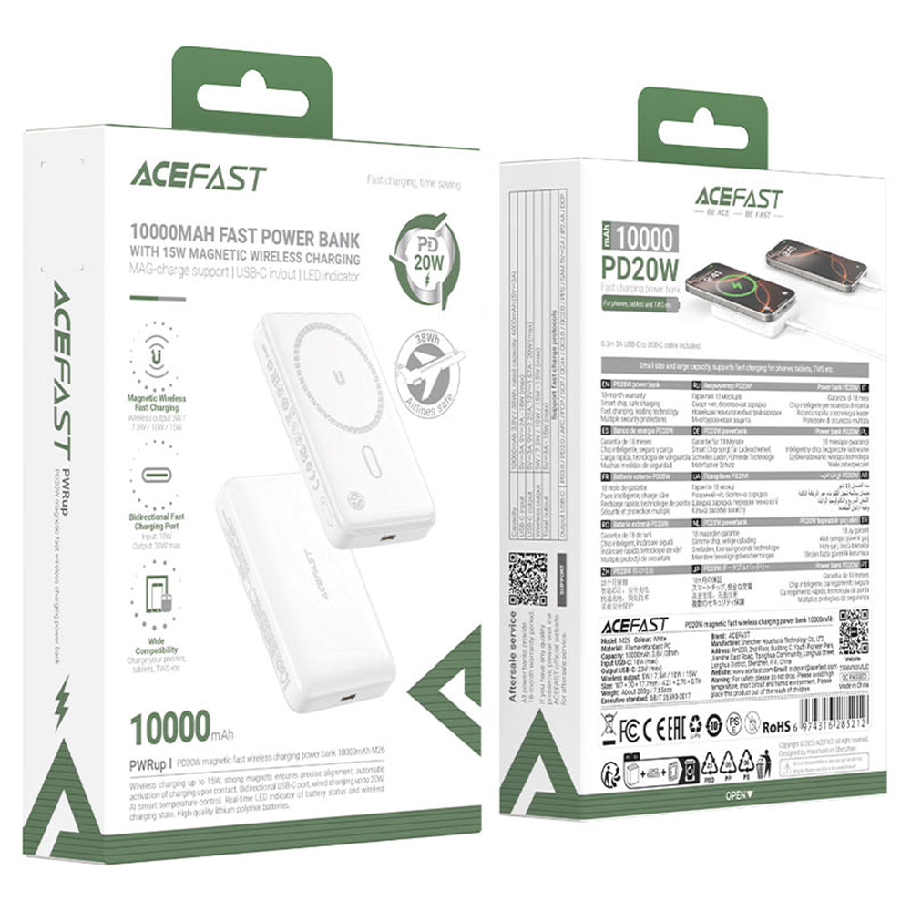 Externá bezdrôtová batéria Acefast M26, 10000mAh, 20W, PD + FQI, 1 x QI - 1 x USB-C, Biela