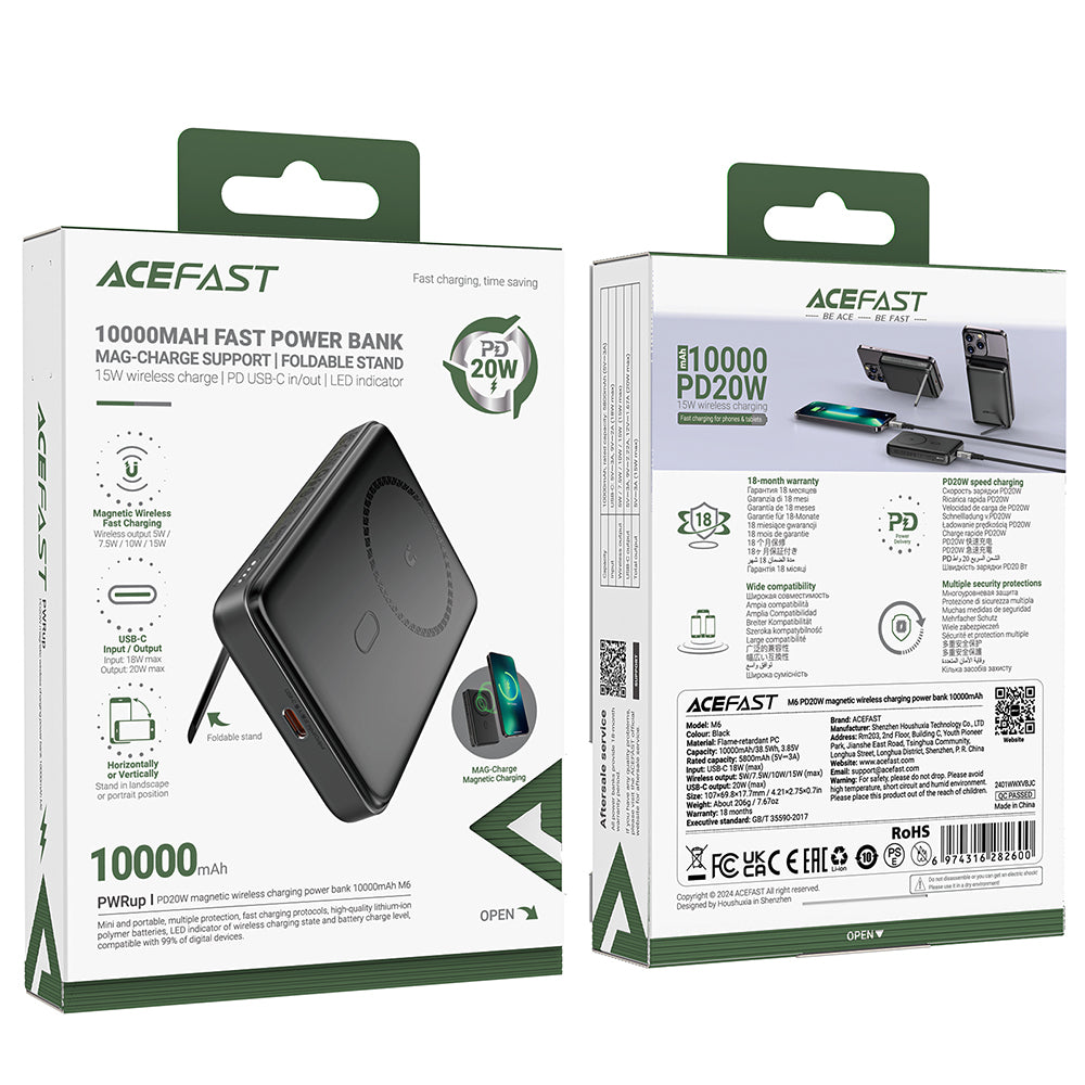 Bezdrôtová externá batéria Acefast M6, 10000mAh, 20W, PD + FQI, 1 x QI - 1 x USB-C, čierna