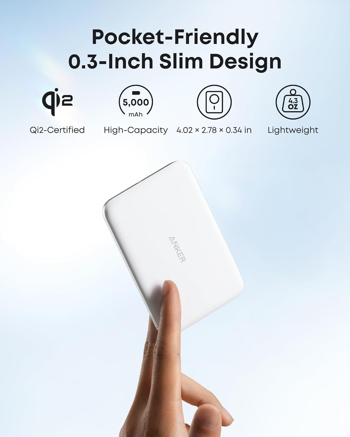 Externá bezdrôtová batéria Anker Nano, 5000mAh, 20W, PD + FQI, 1 x QI - 1 x USB-C, Biela A1665H21