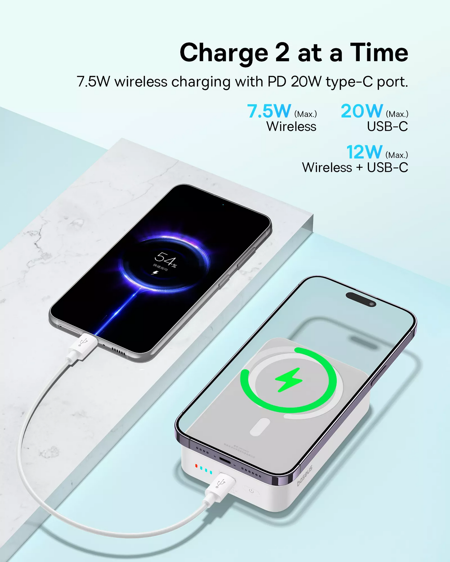Bezdrôtová externá batéria Baseus EnerFill FM41 Mini, 20000mAh, 20W, PD + FQI, 1 x QI - 1 x USB-C, biela E0027U01