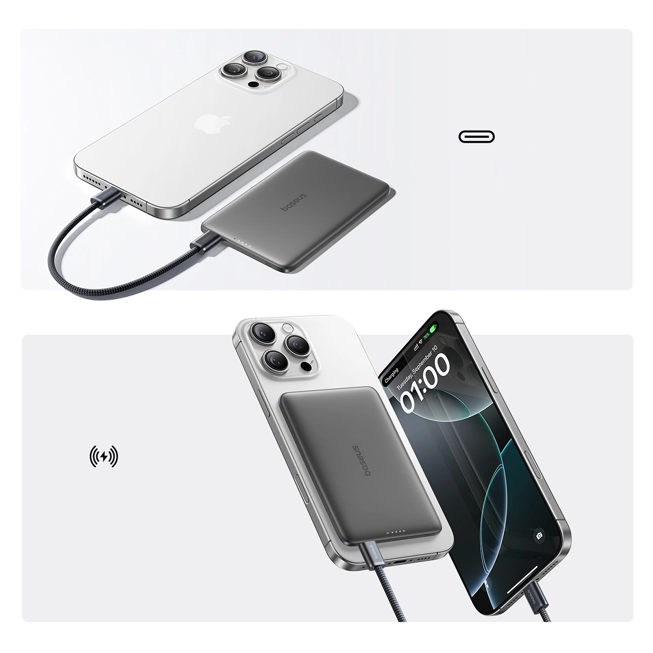Externá bezdrôtová batéria Baseus PicoGo AM41, 5000mAh, 20W, PD + FQI, 1 x QI - 1 x USB-C, Čierna