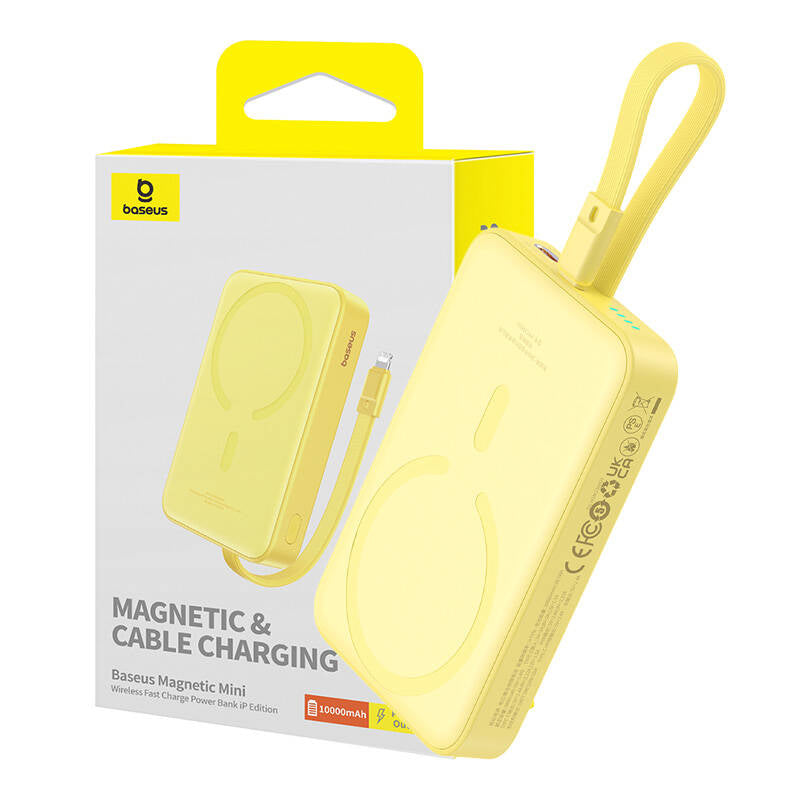 Externá bezdrôtová batéria Baseus Magnetic Mini, 10000mAh, 20W, PD + FQI, 1 x Lightning - 1 x QI - 1 x USB-C, Žltá P10022109Y23-00