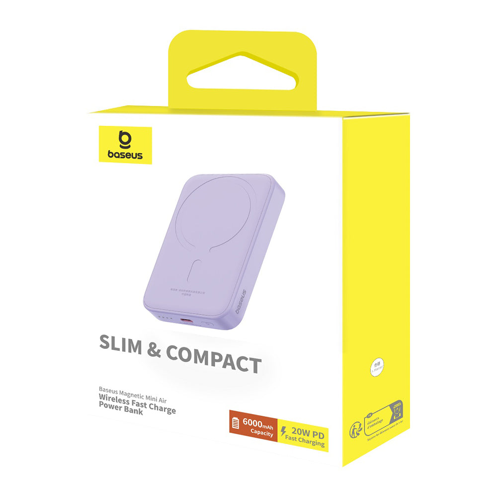Externá bezdrôtová batéria Baseus Mini Air, 6000mAh, 20W, PD + FQI, 1 x QI - 1 x USB-C, Fialová P10059002513-00