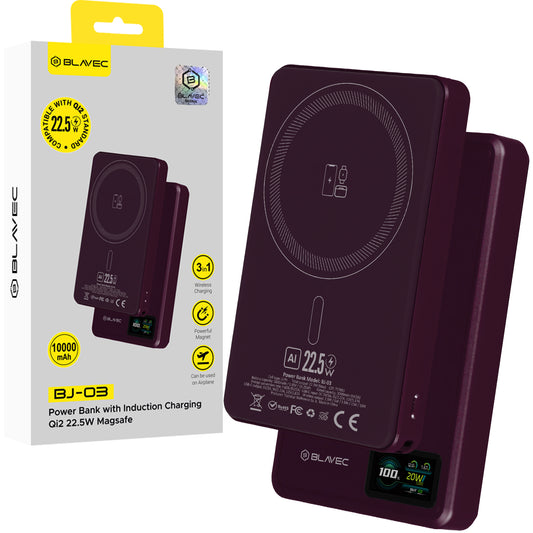 Bezdrôtová powerbanka Blavec BJ-03 Slim, 10000 mAh, 22,5 W, PD + FQI, 1 × QI – 1 × USB-C, fialová