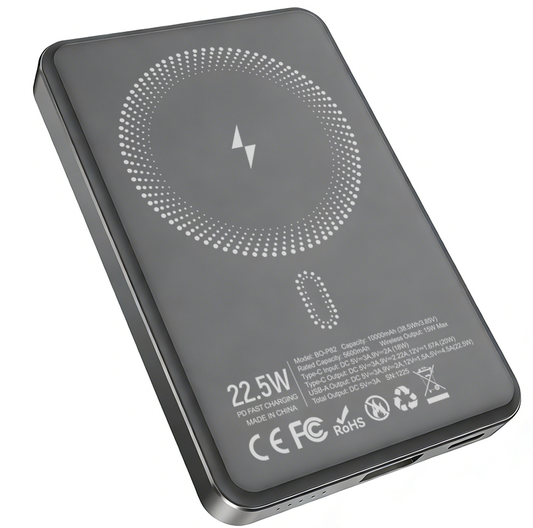 Bezdrôtová externá batéria BWOO BO-P82, 10000mAh, 22,5W, PD + FQI, 1 x QI - 1 x USB-C, sivá