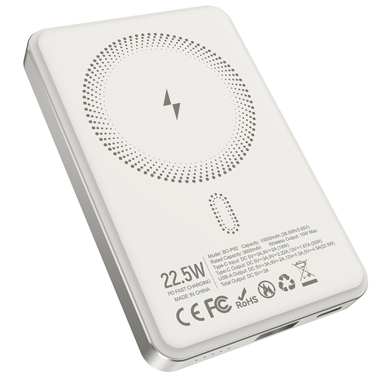 Bezdrôtová externá batéria BWOO BO-P82, 10000mAh, 22,5W, PD + FQI, 1 x QI - 1 x USB-C, biela