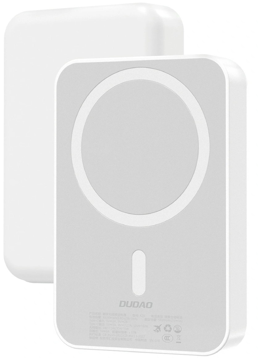 Externá bezdrôtová batéria Dudao K26, 10000mAh, 20W, PD + FQI, 1 x QI - 1 x USB-C, Biela