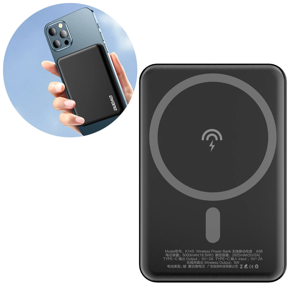 Externá bezdrôtová batéria Dudao K14S, 5000mAh, 10W, PD + QI, 1 x QI - 1 x USB-C, Čierna