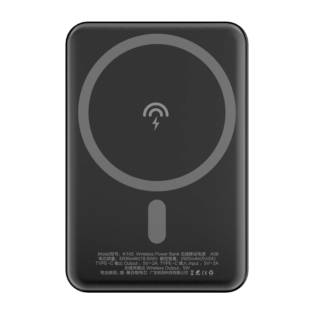 Externá bezdrôtová batéria Dudao K14S, 5000mAh, 10W, PD + QI, 1 x QI - 1 x USB-C, Čierna