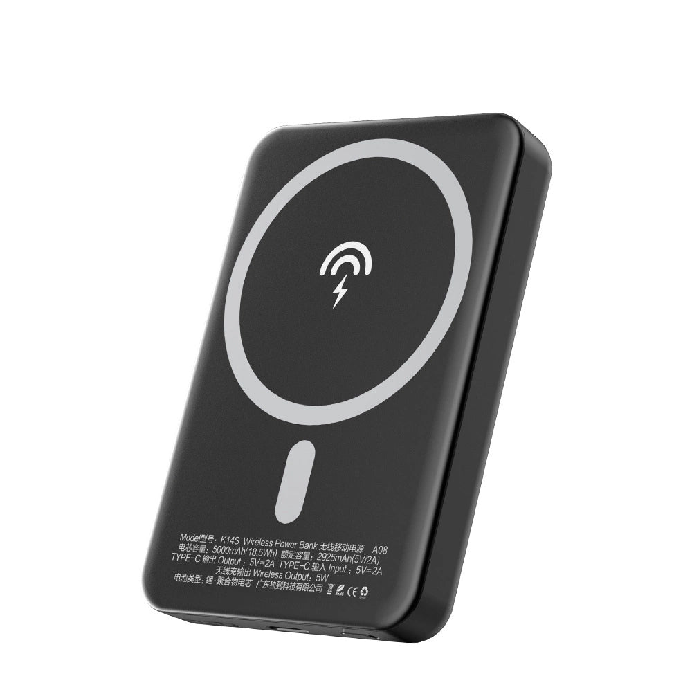 Externá bezdrôtová batéria Dudao K14S, 5000mAh, 10W, PD + QI, 1 x QI - 1 x USB-C, Čierna