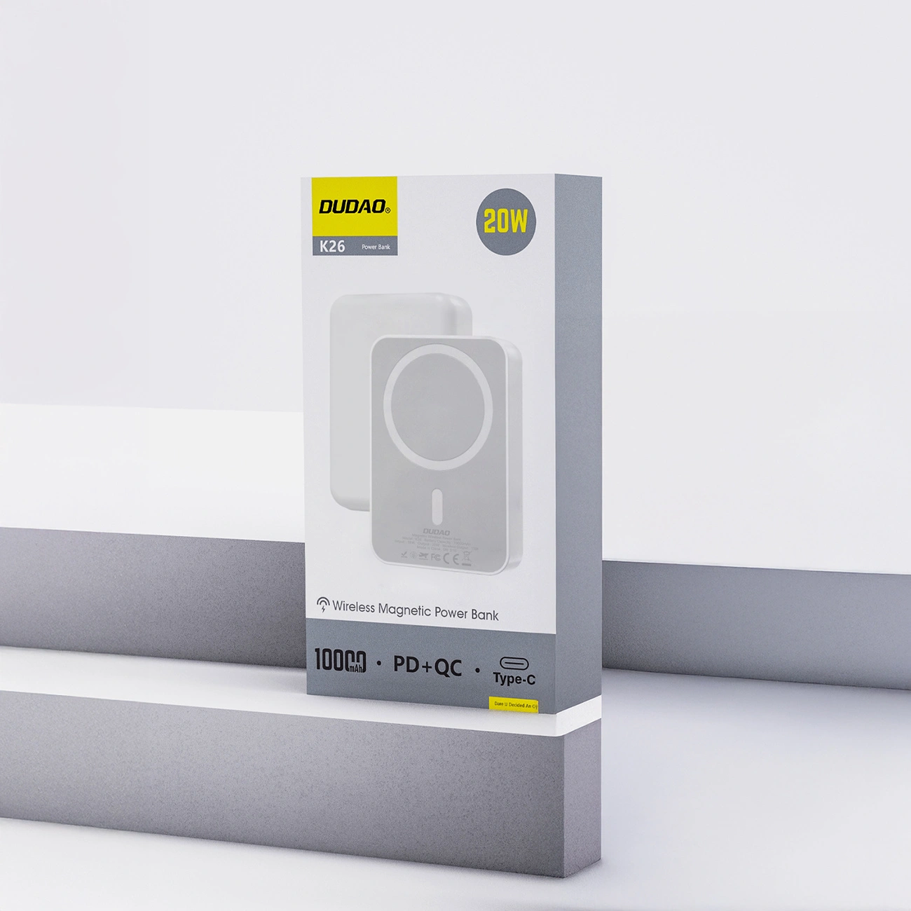 Externá bezdrôtová batéria Dudao K26, 10000mAh, 20W, PD + FQI, 1 x QI - 1 x USB-C, Biela