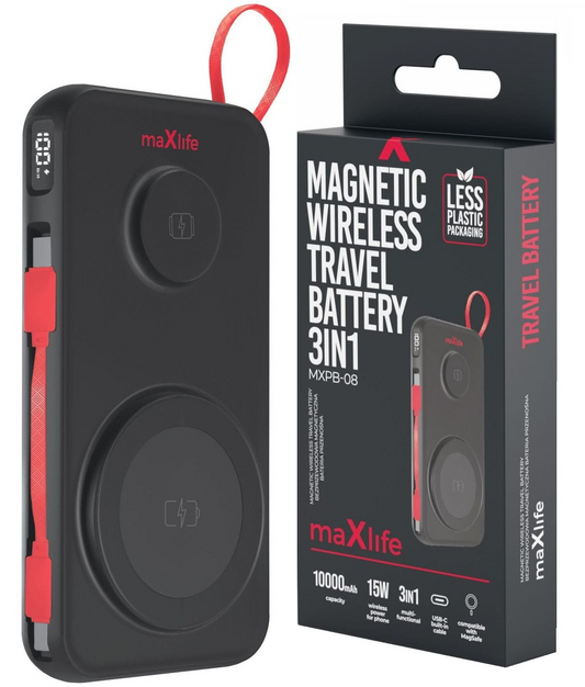 Externá bezdrôtová batéria MaXlife MXPB-08, 10000mAh, 22.5W, QC + PD + FQI + QI, 1 x USB-A - 1 x USB-C - 2 x QI, Čierna