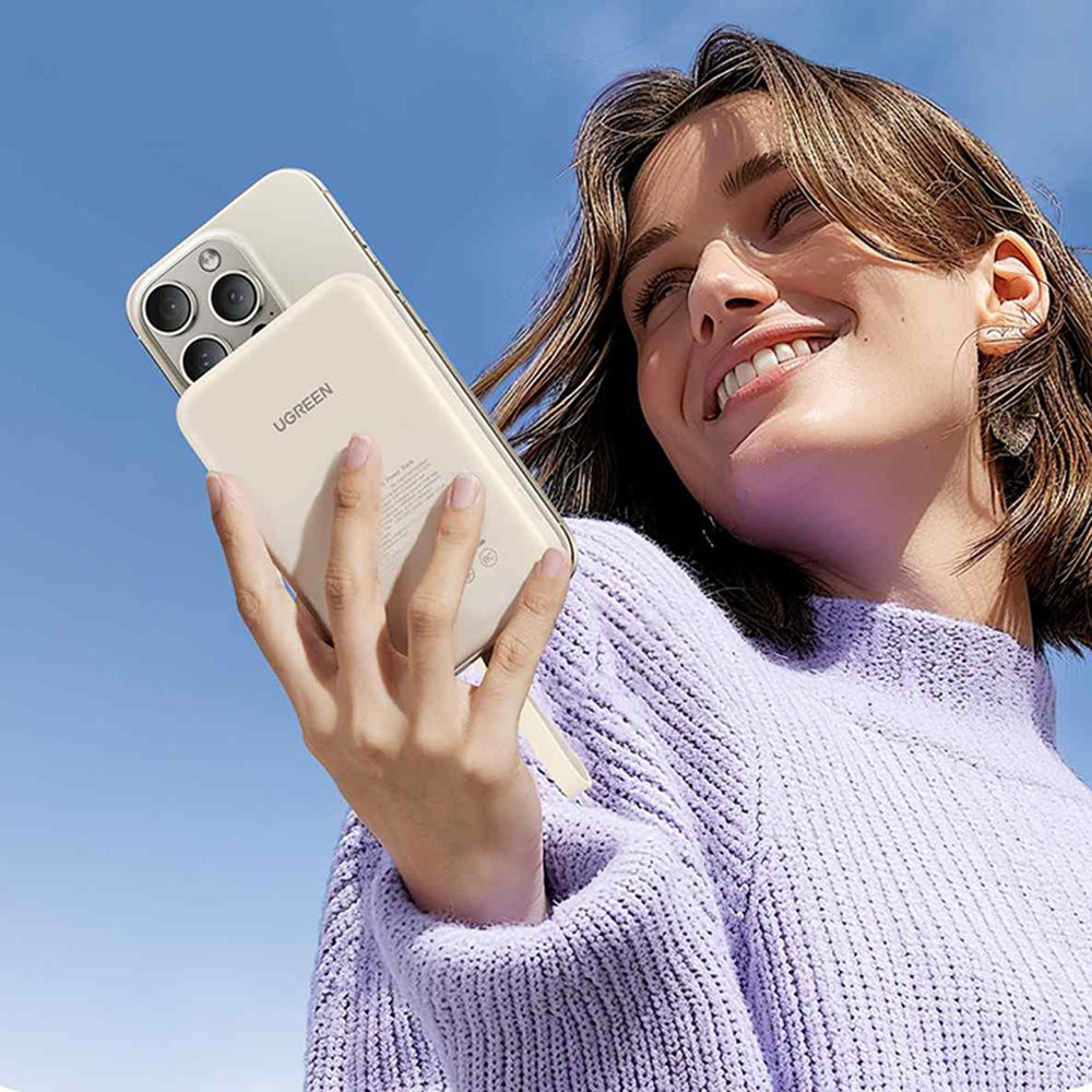 Externá bezdrôtová batéria UGREEN PB760, 10000mAh, 20W, PD + FQI, 1 x QI - 1 x USB-C, Béžová