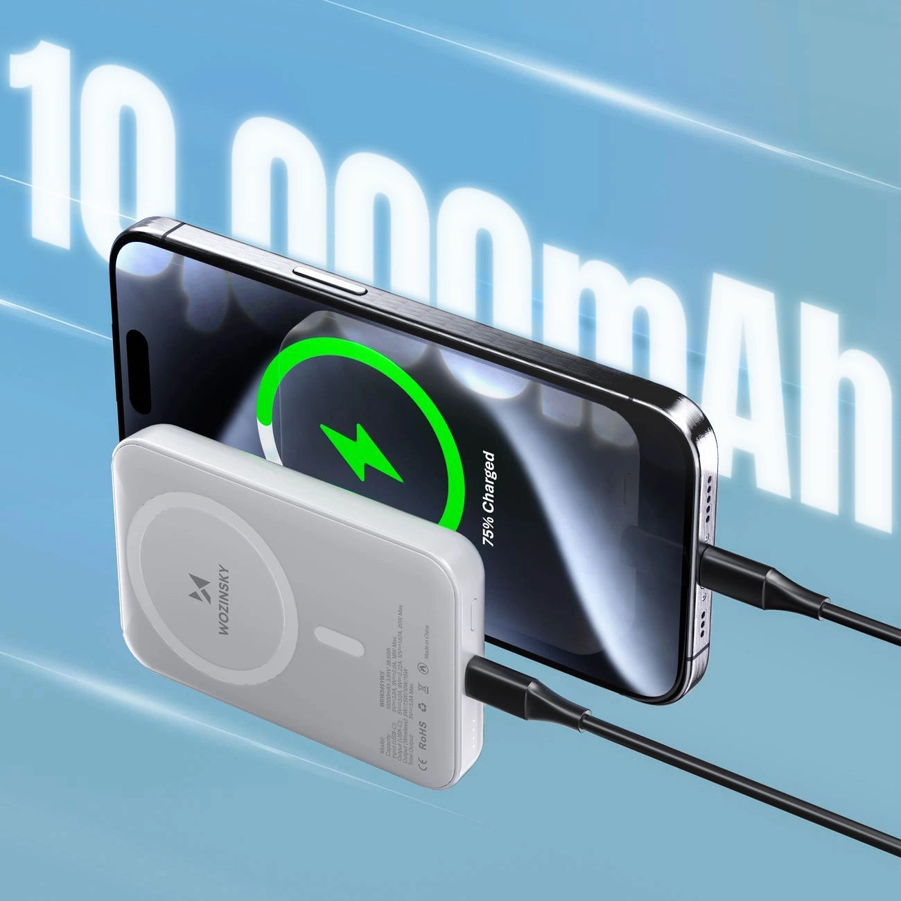 Externá bezdrôtová batéria WZK WRW349YWS, 10000mAh, 20W, PD + FQI, 1 x QI - 1 x USB-C, Biela