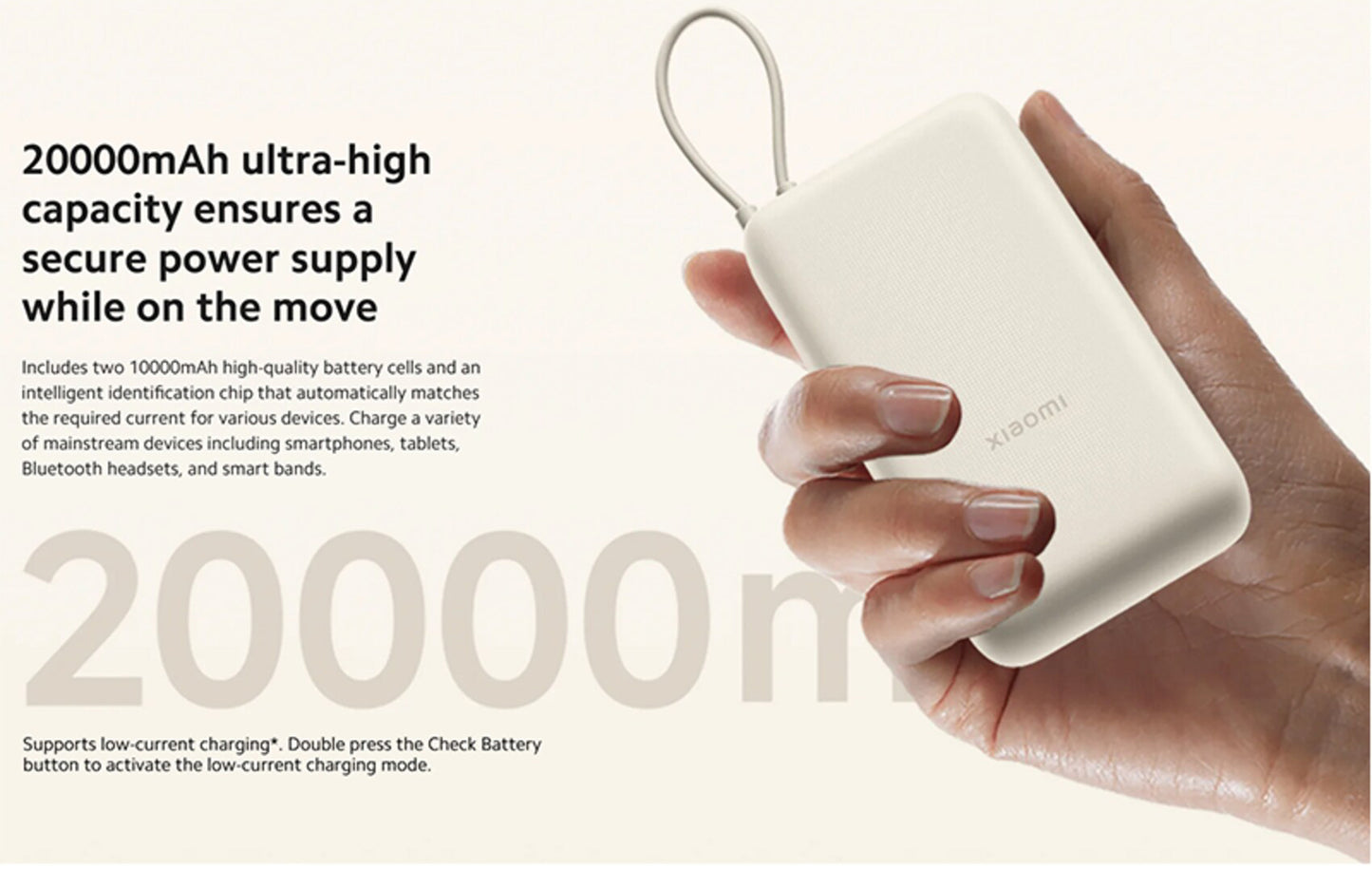 Externá batéria Xiaomi, 20000mAh, 33W, QC + PD, 1 x USB-A - 2 x USB-C, Béžová BHR8851GL