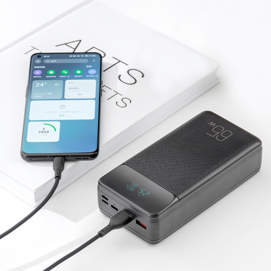 Externá batéria XO Design PR201, 30000mAh, 65W, QC + PD, 1 x USB-C - 2 x USB-A, Čierna