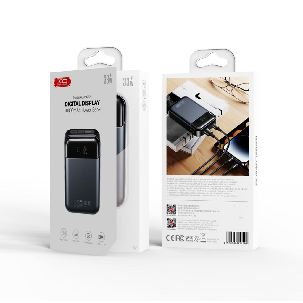 Externá batéria XO Design PR232, 10000mAh, 33W, QC + PD, 1 x USB-A - 1 x USB-C, Čierna