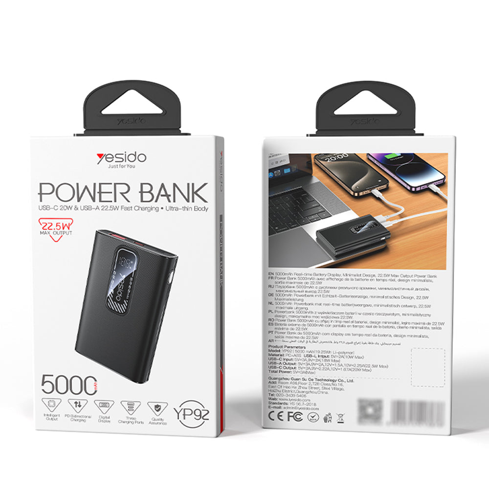 Externá batéria Yesido YP92, 5000mAh, 22.5W, QC + PD, 1 x USB-A - 1 x USB-C, Čierna