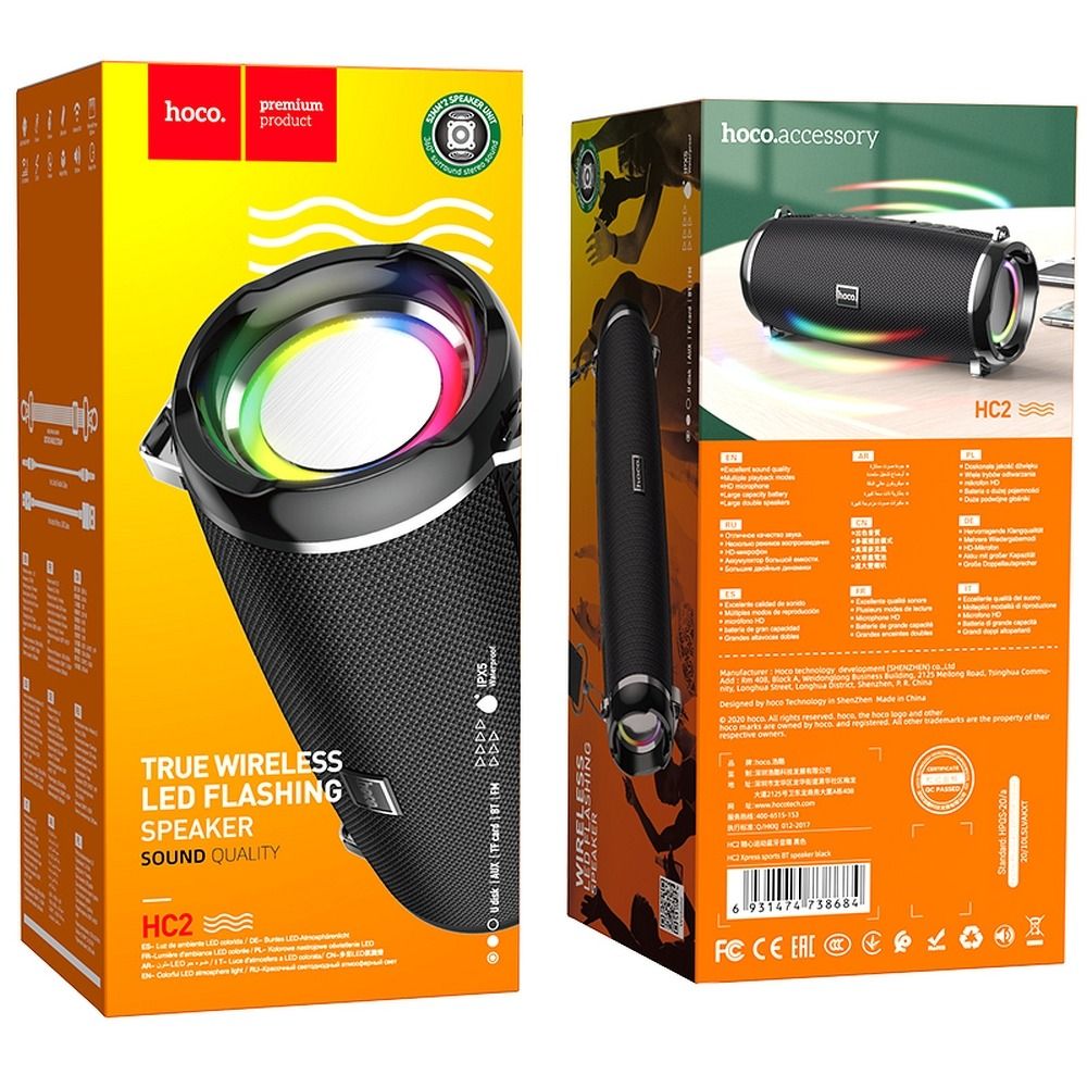 Prenosný Bluetooth reproduktor HOCO HC2, 2 x 5W, TWS, RGB, čierny