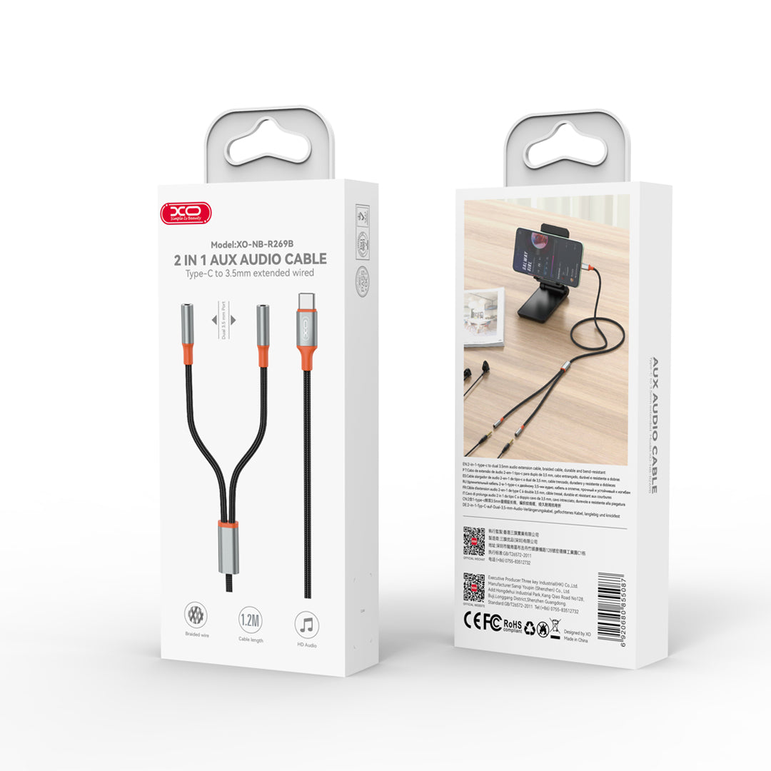 Audio Splitter kábel USB-C - 2 x 3.5mm XO Design NB-R269B 2v1, 1.2m, Čierny