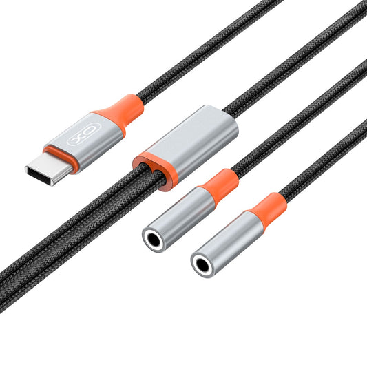 Rozdeľovací audio kábel USB-C - 2 x 3,5 mm XO Design NB-R269B 2v1, 1,2 m, čierny