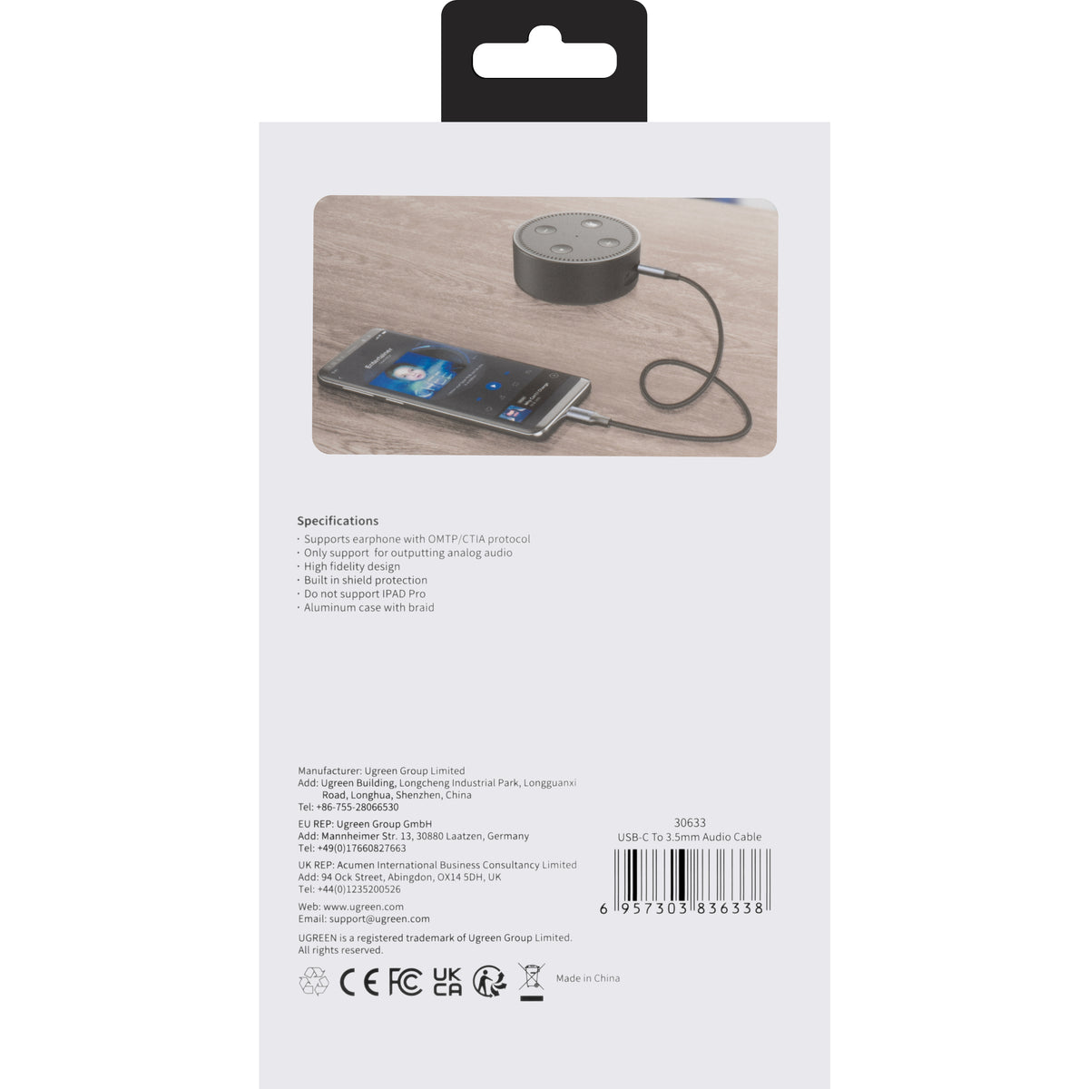 Audio kábel USB-C - 3.5mm UGREEN AV143, 1m, Sivý