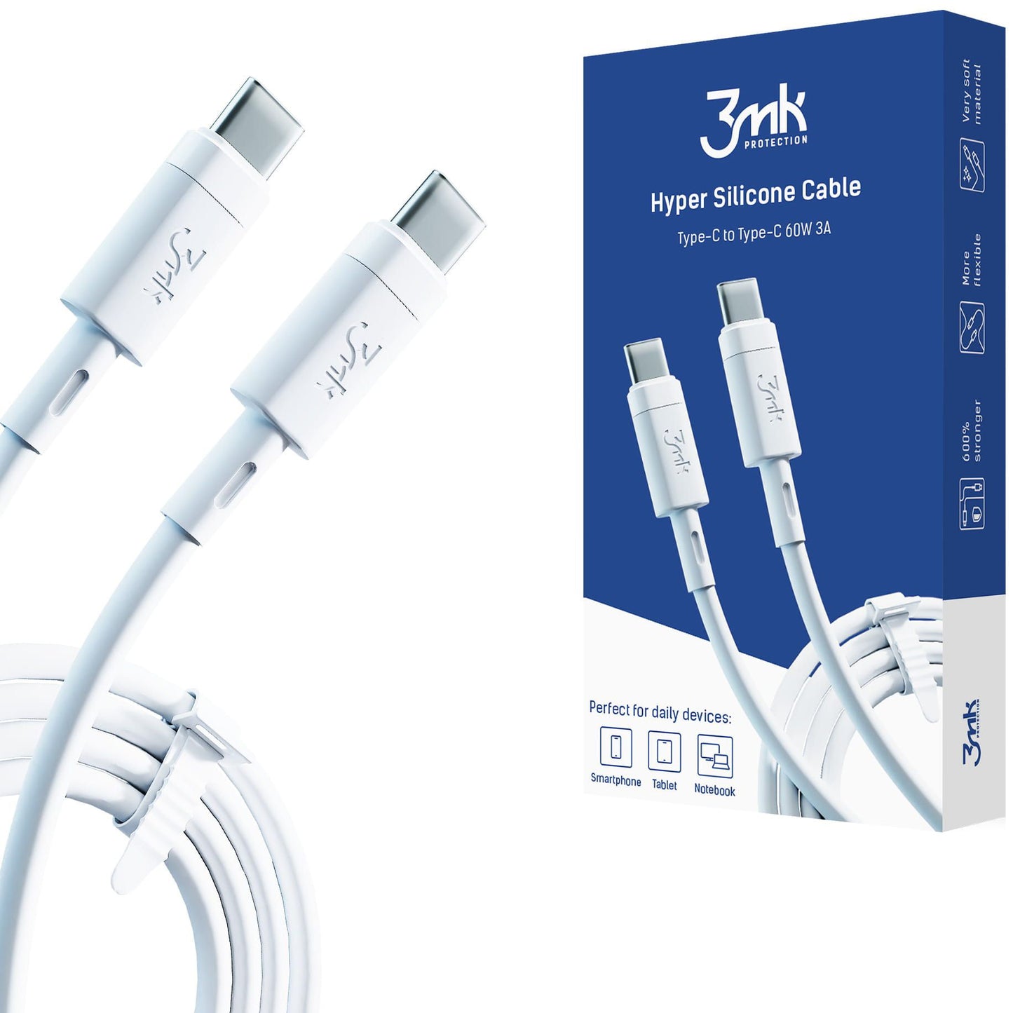 USB-C dátový a nabíjací kábel - USB-C 3MK Hyper Silicone, 60W, 1m, biely