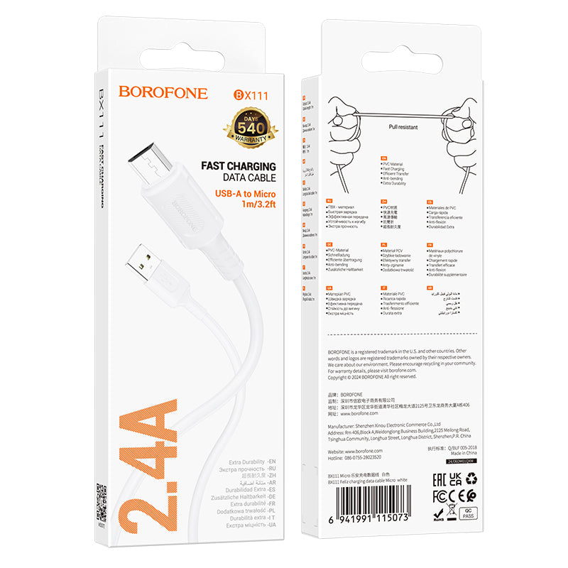 Dátový a nabíjací kábel USB-A - microUSB Borofone BX111 Feliz, 18 W, 1 m, biely
