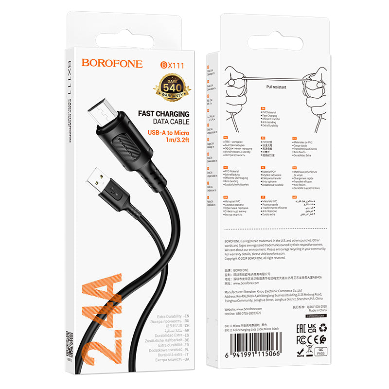 Dátový a nabíjací kábel USB-A - microUSB Borofone BX111 Feliz, 18W, 1m, čierny