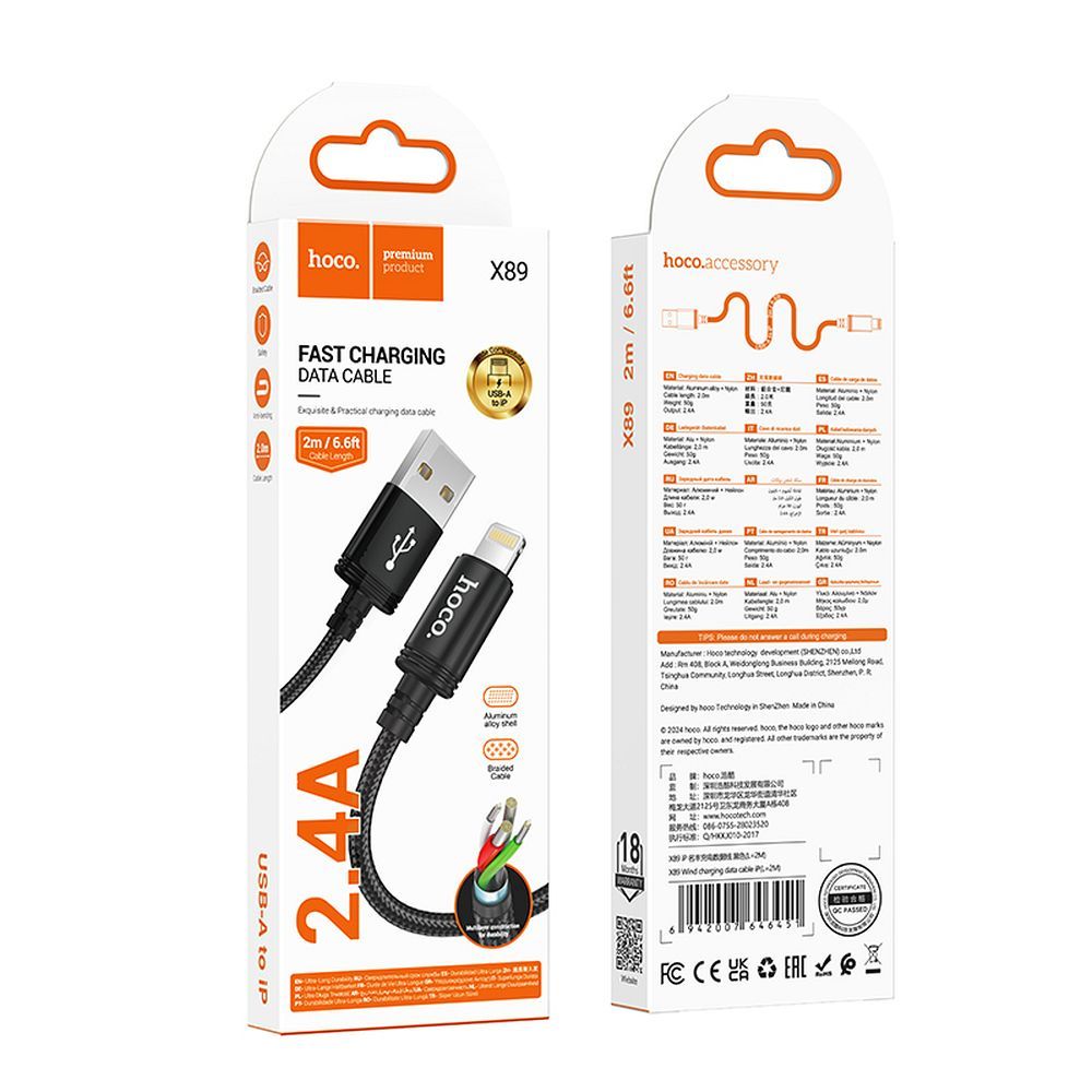 Dátový a nabíjací kábel USB-A - Lightning HOCO X89, 18W, 2m, čierny
