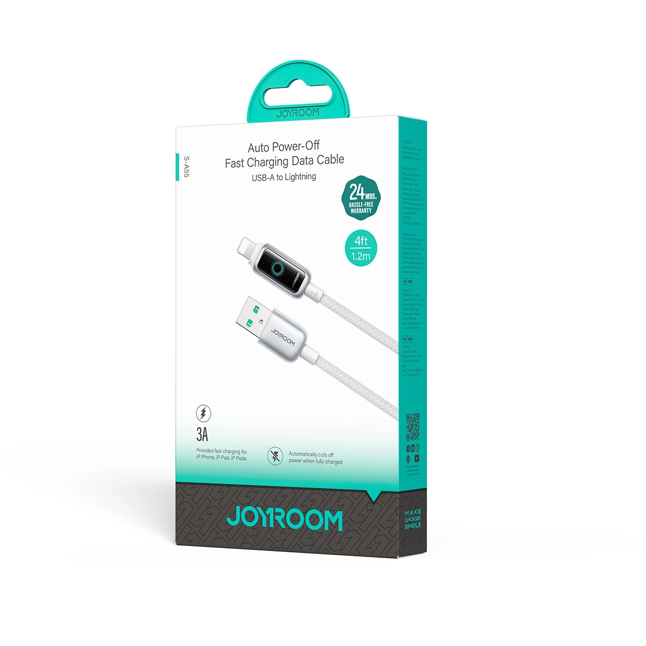 Dátový a nabíjací kábel USB-A - Lightning Joyroom S-A55 StarFlight Display, 18W, 1.2m, Biela