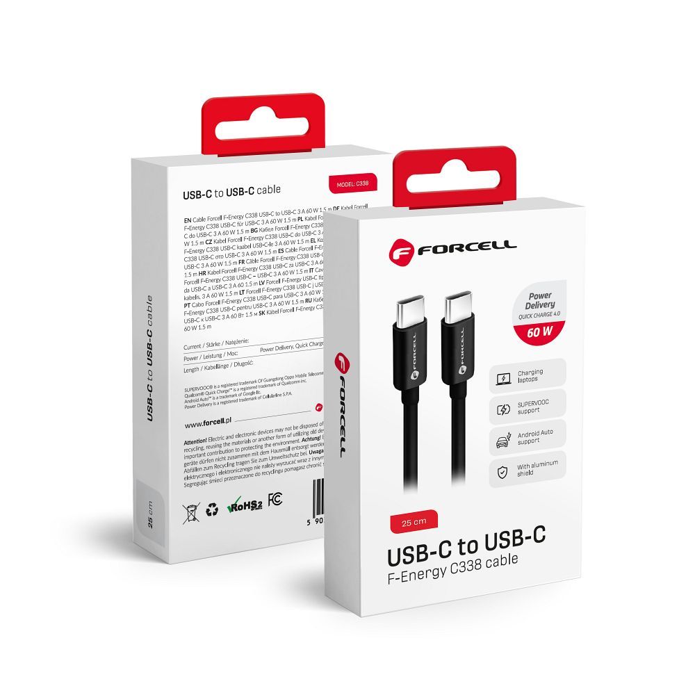 Dátový a nabíjací kábel USB-C - USB-C Forcell F-Energy C338, 60W, 0.25m, čierny