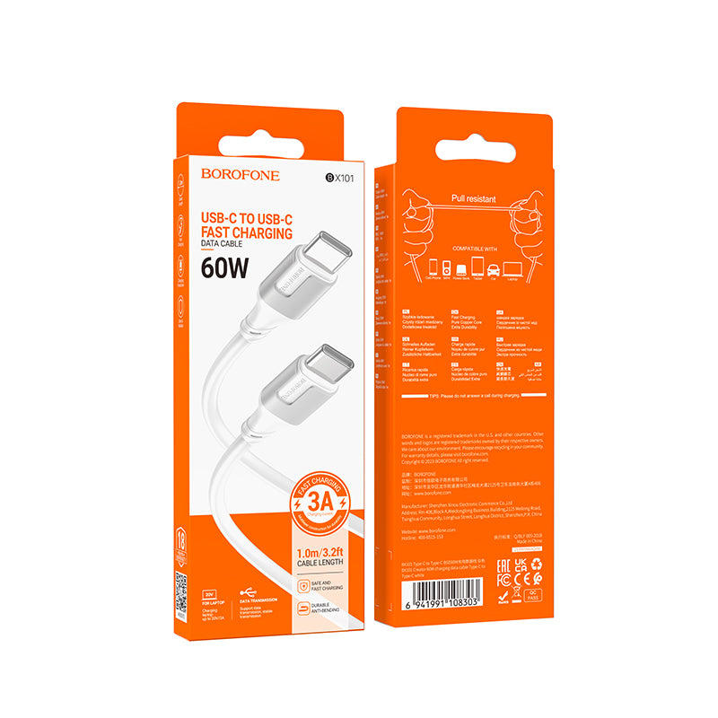 Dátový a nabíjací kábel USB-C - USB-C Borofone BX101 Creator, 60W, 1m, Biela