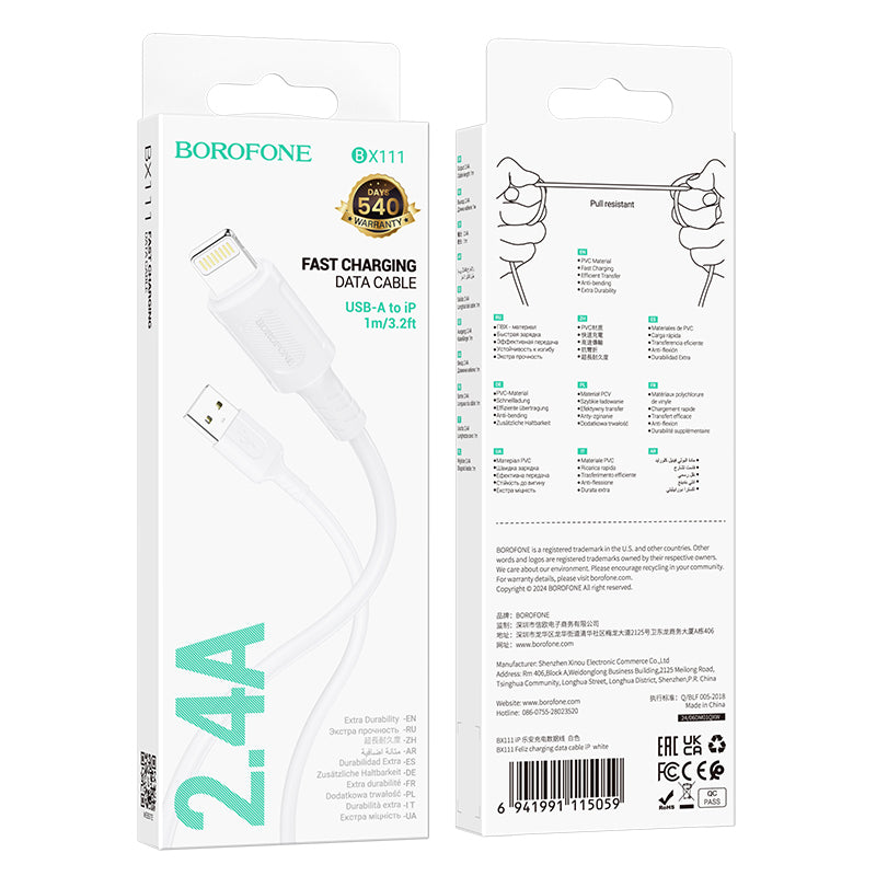 Dátový a nabíjací kábel USB-A - Lightning Borofone BX111 Feliz, 18W, 1m, Biela
