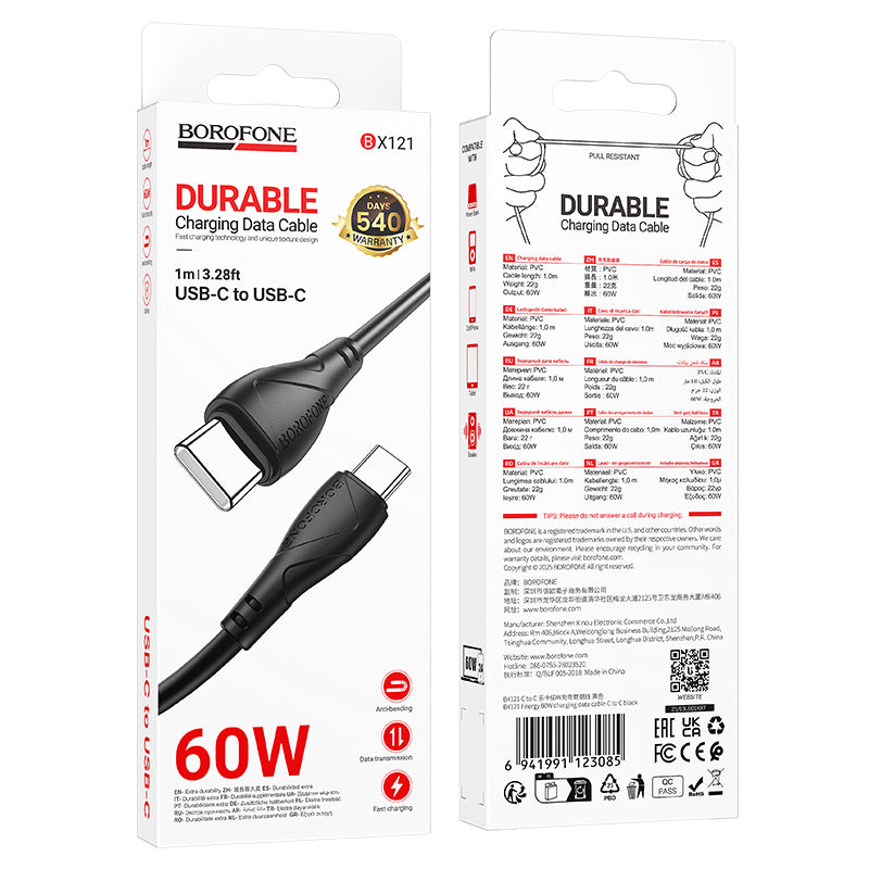 Dátový a nabíjací kábel USB-C - USB-C Borofone BX121 Energy, 60W, 1m, čierny