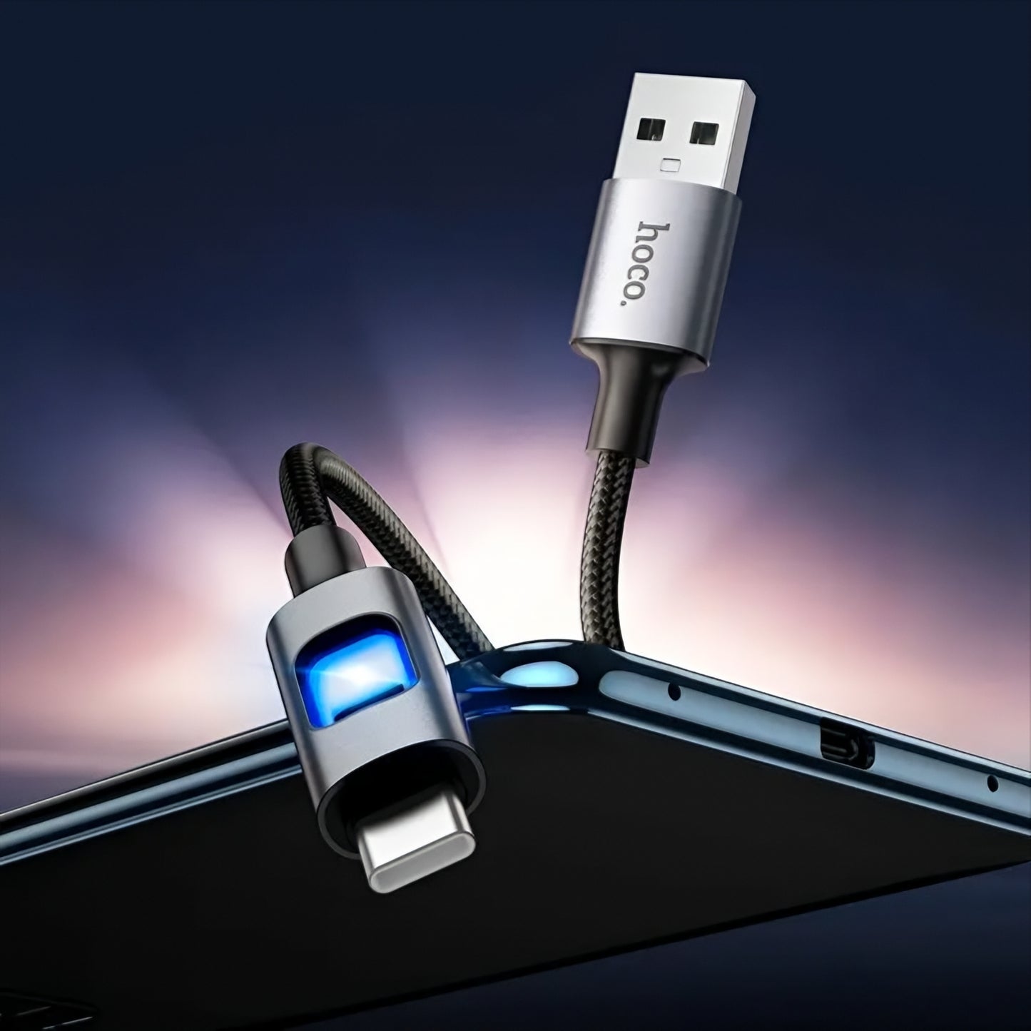 Dátový a nabíjací kábel USB-A - USB-C HOCO U144 Led, 18W, 1,2 m, čierny