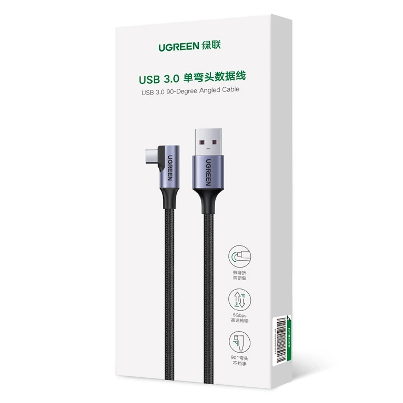 Dátový a nabíjací kábel USB-A - USB-C UGREEN US385 uhlový, 60 W, 1 m, sivý