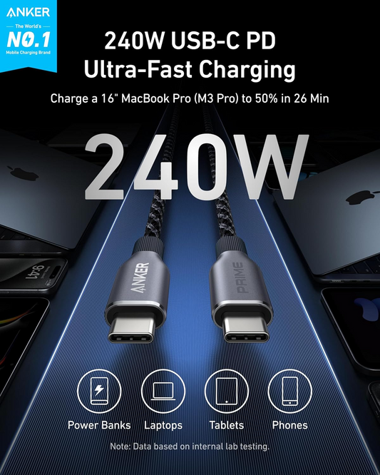 Dátový a nabíjací kábel USB-C – USB-C Anker Prime, 240 W, 0,9 m, čierny A88E2011