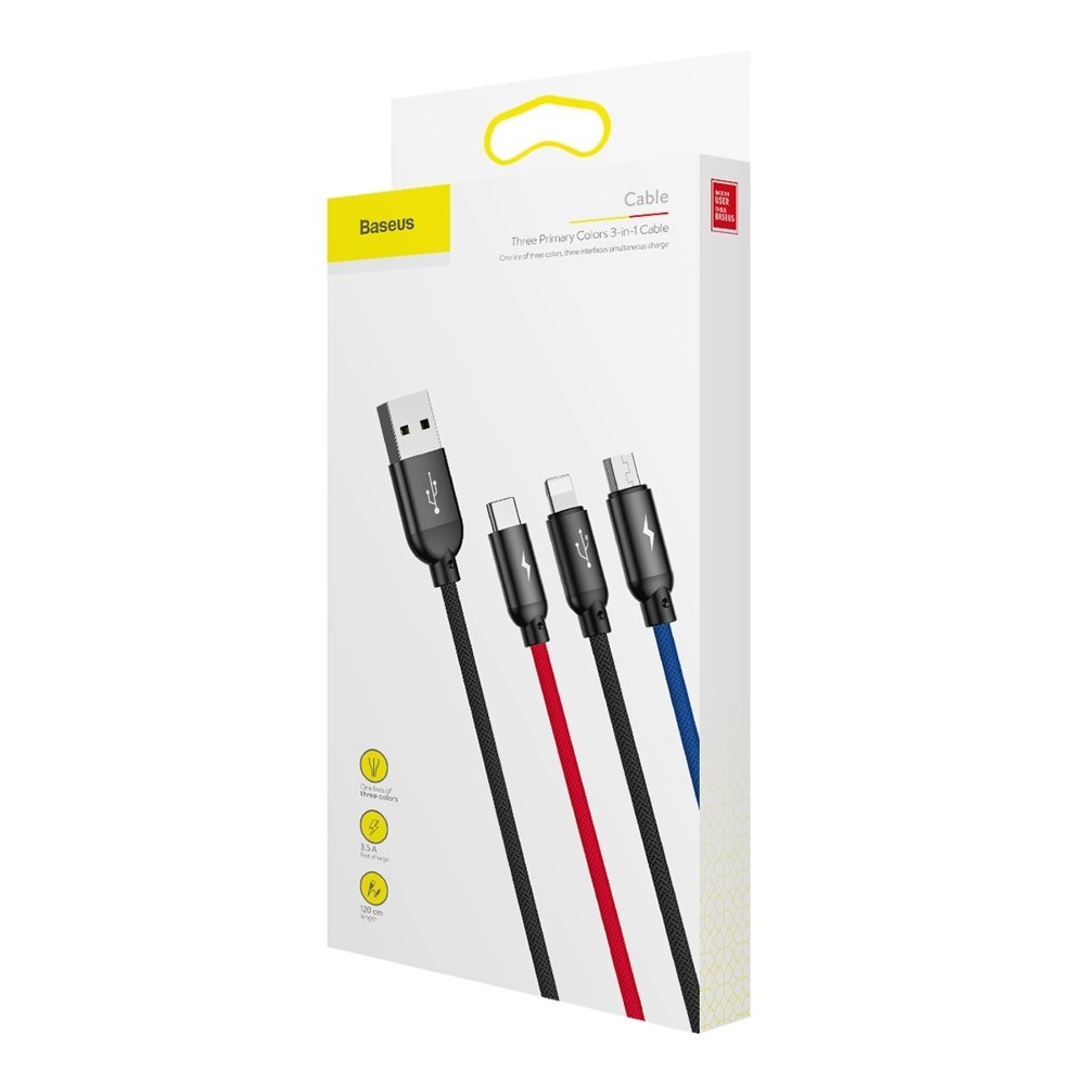 Nabíjací kábel USB-A - Lightning / microUSB / USB-C Baseus Colors 3in1, 20W, 1.2m, Čierny CAMLT-BSY01