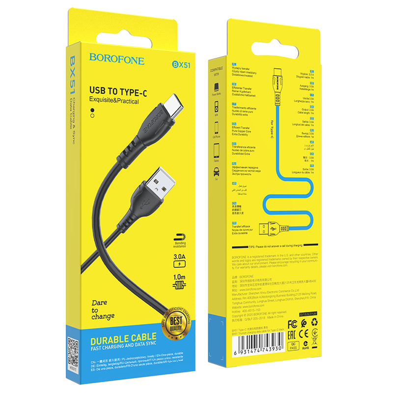 Dátový a nabíjací kábel USB-A - USB-C Borofone BX51 Triumph, 20W, 1m, čierny