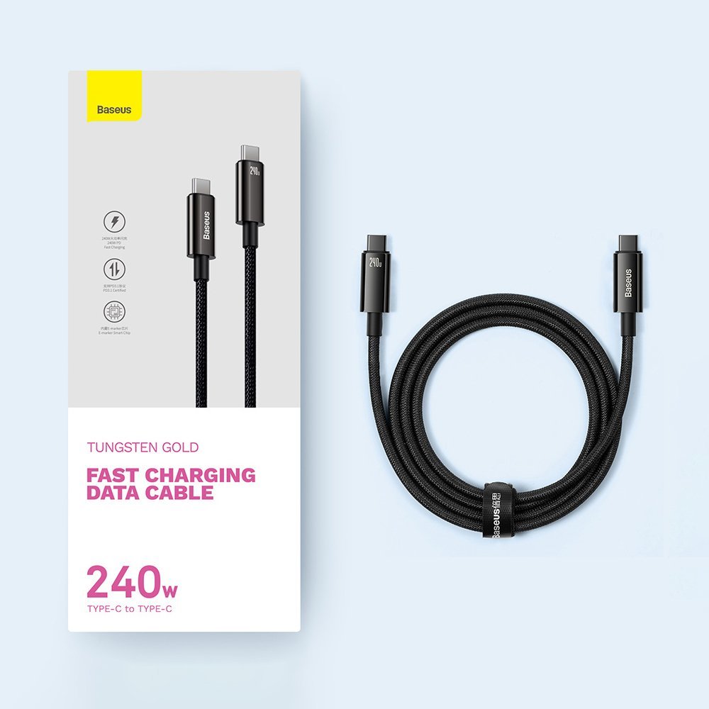 Dátový a nabíjací kábel USB-C - USB-C Baseus Tungsten Gold, 240 W, 2 m, čierny CAWJ04010101