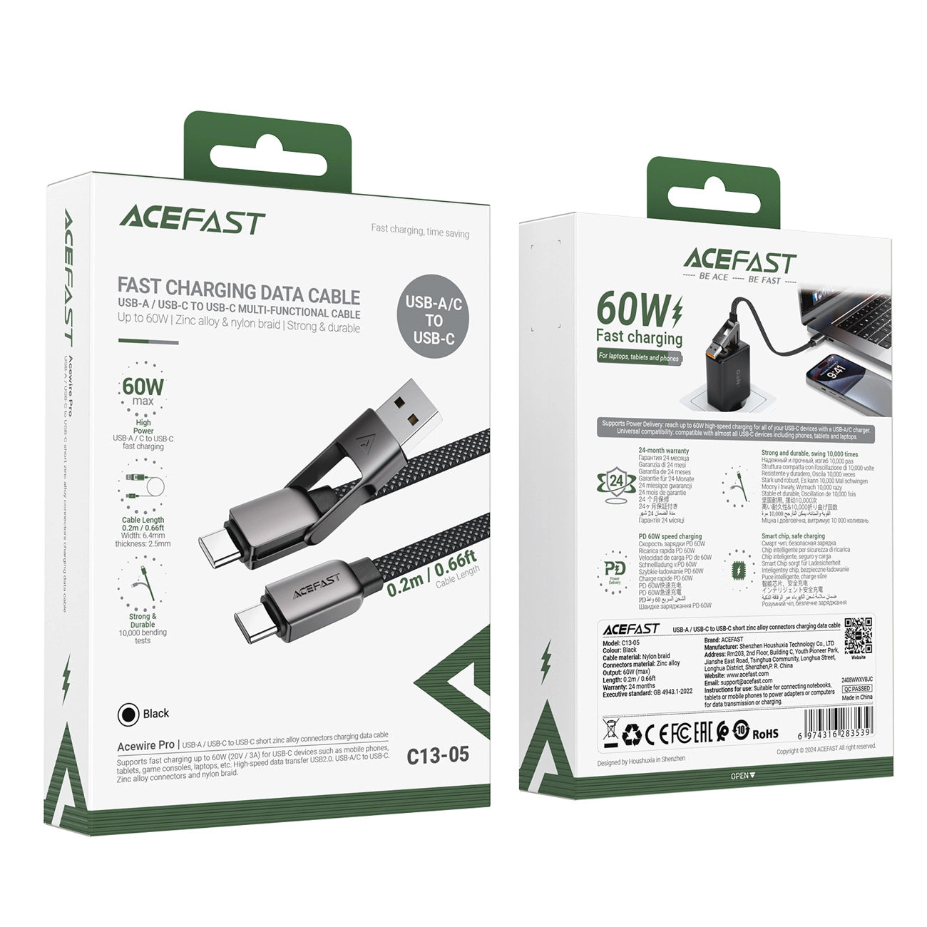 Dátový a nabíjací kábel USB-C - USB-A / USB-C Acefast C13-05, 60W, 0.2m, čierny